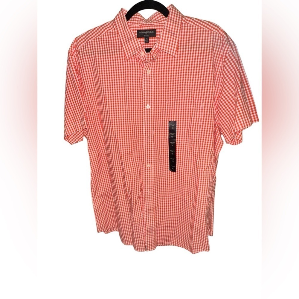 Banana Republic Mens Cotton Soft Wash SS Button Up Orange Plaid Dress Shirt XL